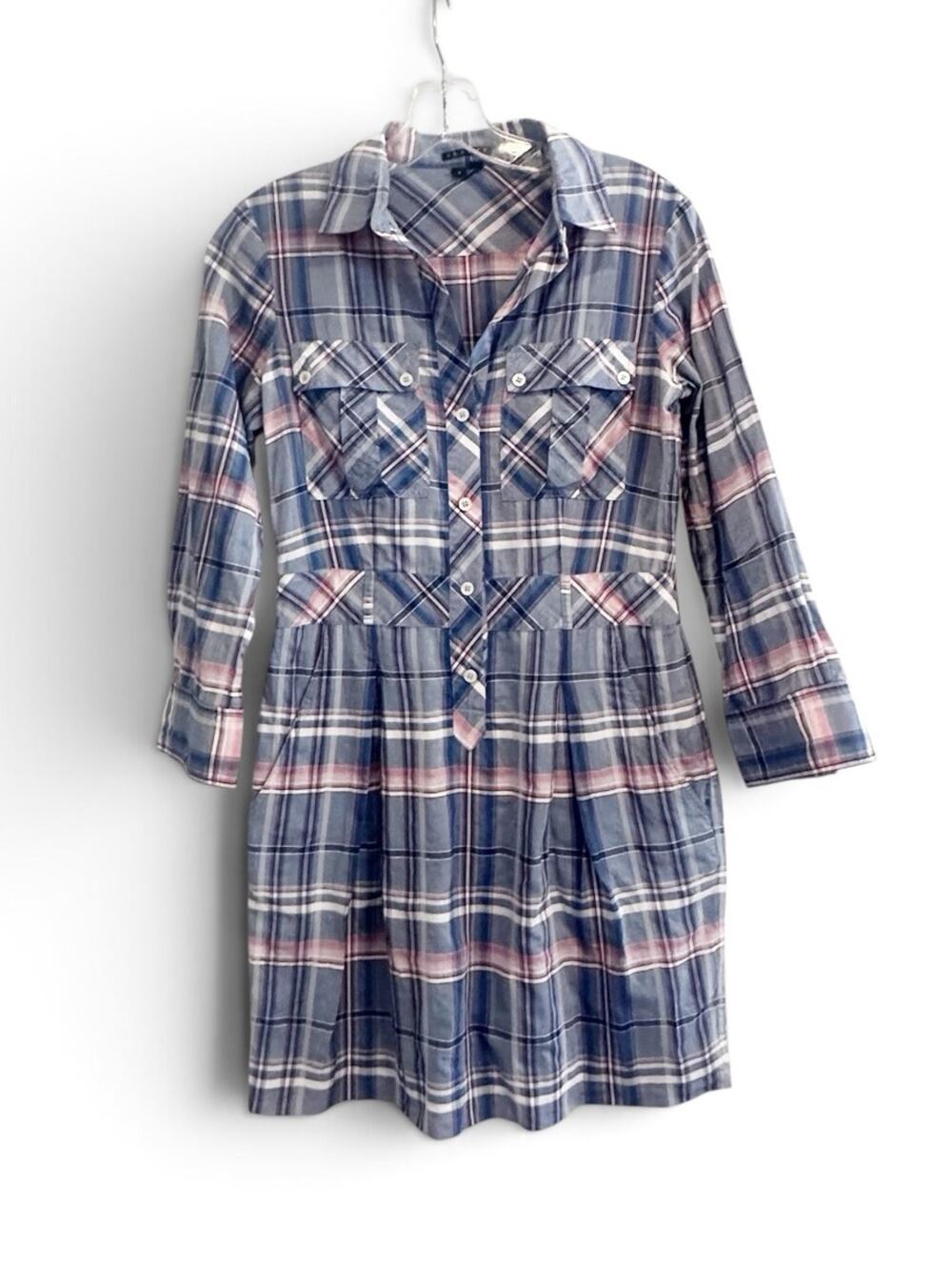 Theory Lidiya Audrey Plaid Button front dress Blue Long Sleeve Cotton Size 2